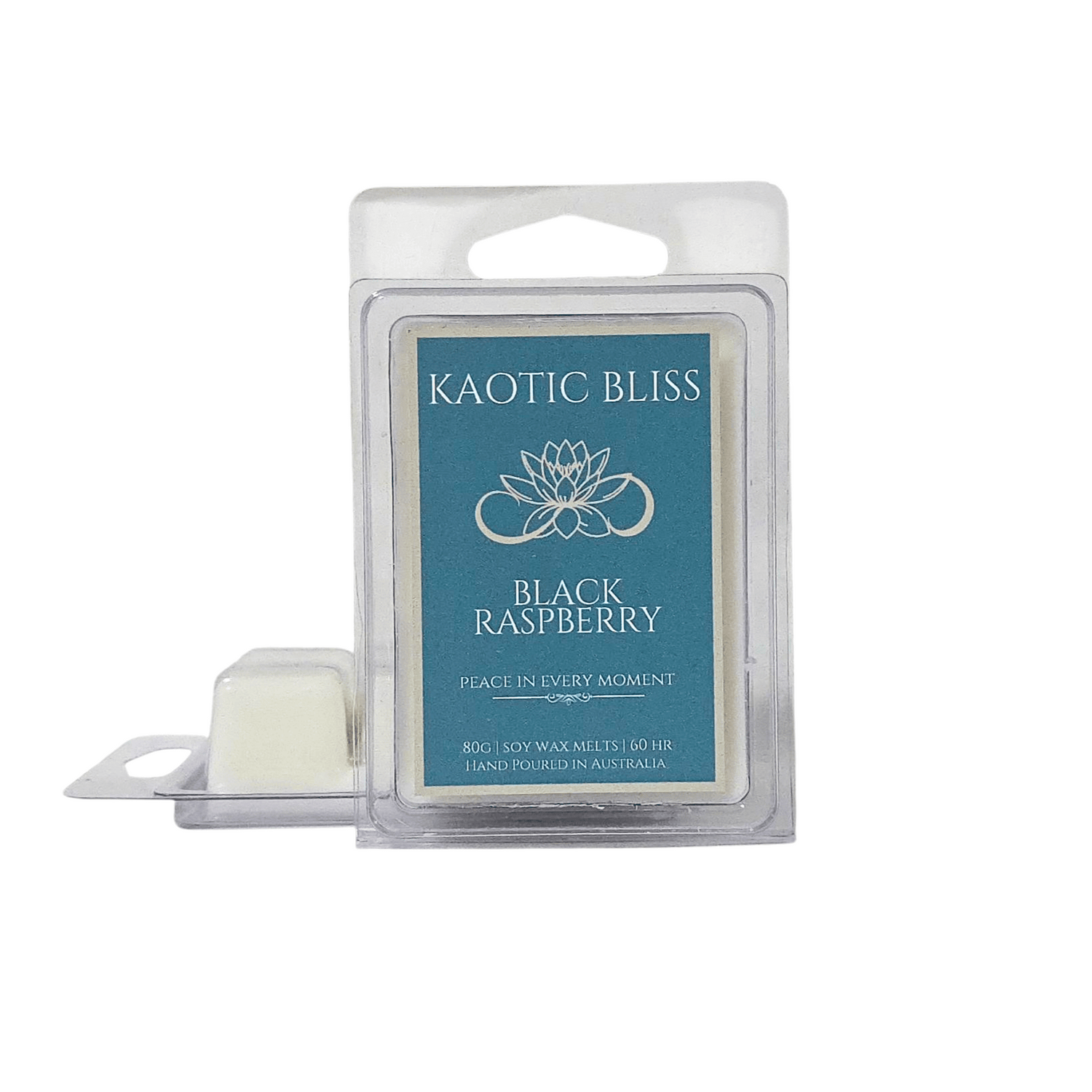 Wax melt package labeled 'Black Raspberry' by Kaotic Bliss on a white background