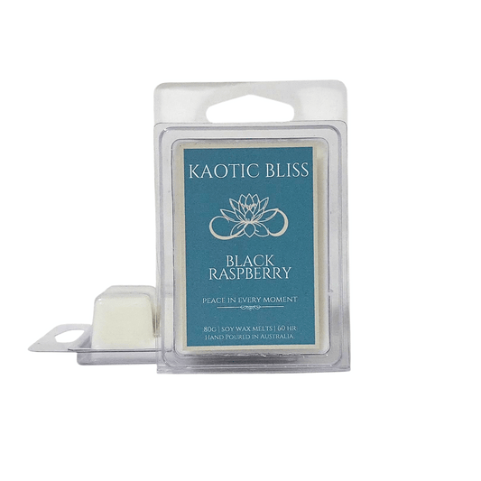 Wax melt package labeled 'Black Raspberry' by Kaotic Bliss on a white background
